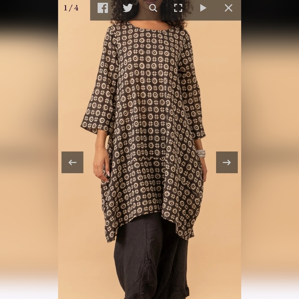 Passementrie Bubble Tunic, 3/4 Sleeve, Brown Phoenix L/XL 100%Cotton India EUC